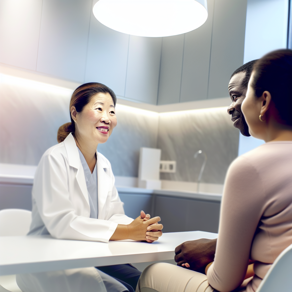 A realistic, professional editorial-style photograph of a caring fertility specialist consulting with a happy couple in a modern clinic setting. The room has neutral lighting, soft tones, and a warm, reassuring atmosphere. No text overlay.